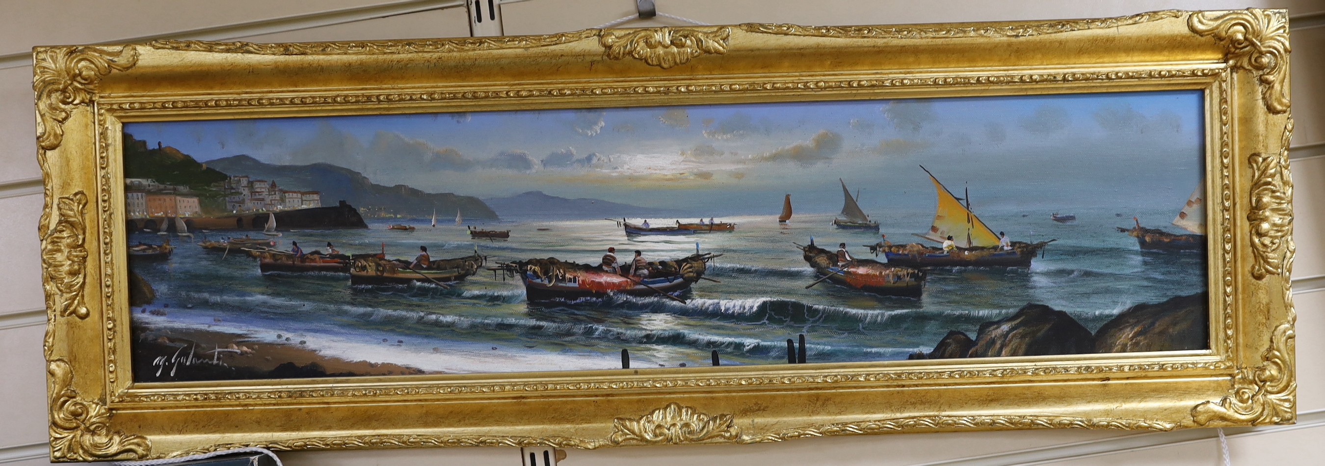 Mario Galanti (Italian, 1923-1998), oil on canvas, View along the Neapolitan coast, signed, 19 x 79cm